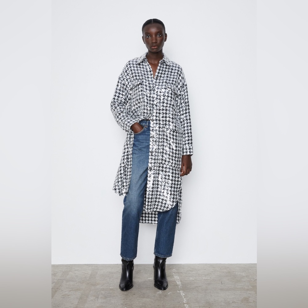 ZARA Limited Edition Sequin Houndstooth Overshirt Dress Jacket Size M